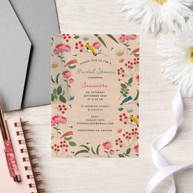Hand Drawn Floral Birds Bees Floral Bridal Shower Vellum Invitations (Wedding)
