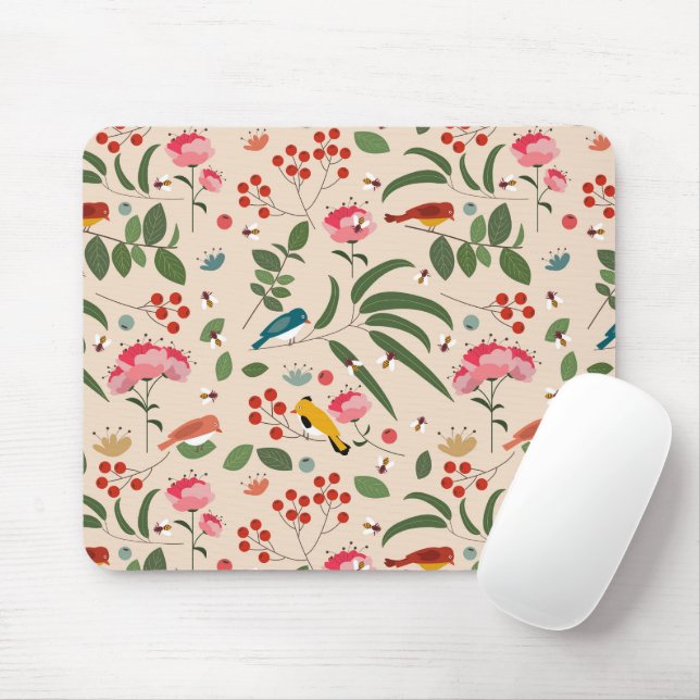 Hand Drawn Floral Birds Bees Pattern Mouse Mat (With Mouse)