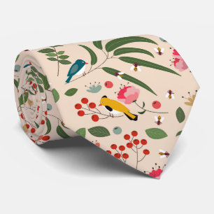 Hand Drawn Floral Birds Botanical Pattern Tie
