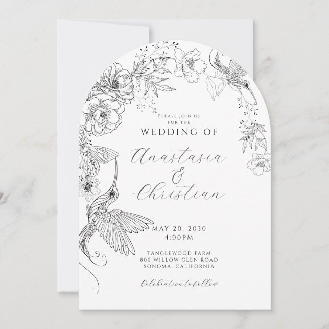 Hand Drawn Floral Birds Botanical Wedding Invitation (Front)