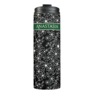Hand Drawn Floral Black White Pattern & Green Name Thermal Tumbler