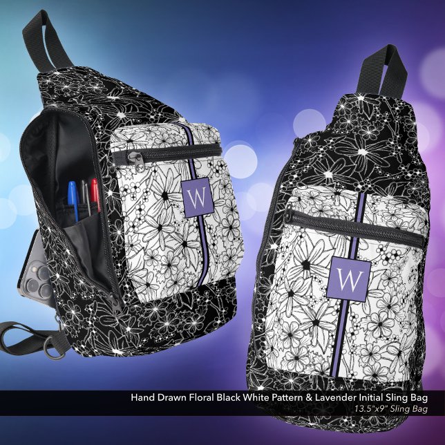 Hand Drawn Floral Black White Pattern with Initial Sling Bag (Sling Bag: Hand Drawn Floral Pattern in Black White with Personalized Initial in Lavender)