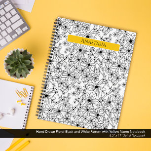 Hand Drawn Floral Black White Pattern Yellow Name Notebook