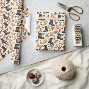Hand-Drawn Floral Boots &Prosecco Seamless Pattern Wrapping Paper