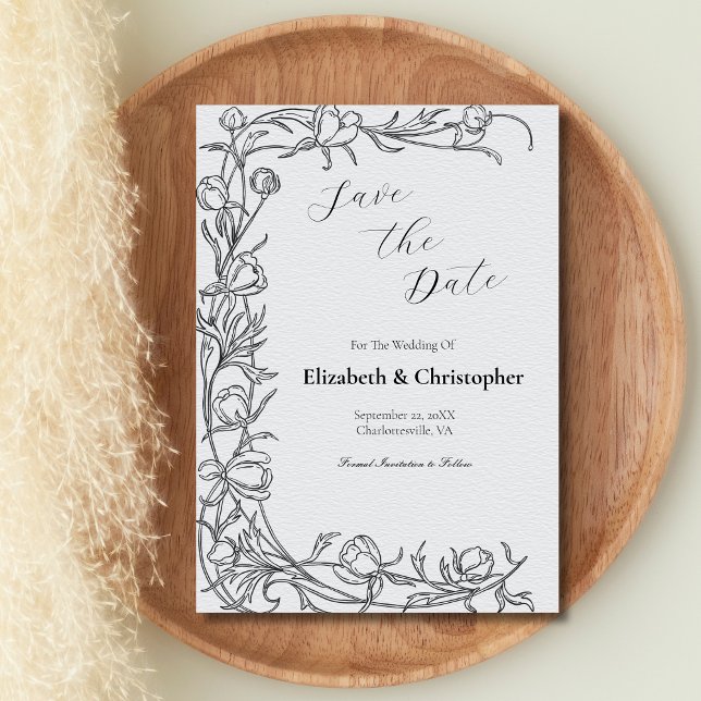 Hand Drawn Floral Botanical Save The Date Grey Invitation (Black Gray Hand Drawn Botanical Leaves Flowers Wedding Save the Date Invitation Card)