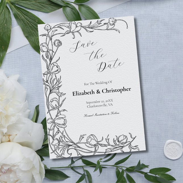 Hand Drawn Floral Botanical Save The Date Grey Invitation (Gray Black Hand Drawn Floral Botanical Wedding Save the Date Card)