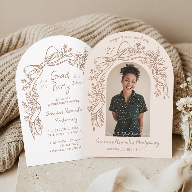 Hand Drawn Floral Bow Arch Photo Graduation Party Invitation (Hand Drawn Floral Bow Arch Photo Graduation Party Invitation)