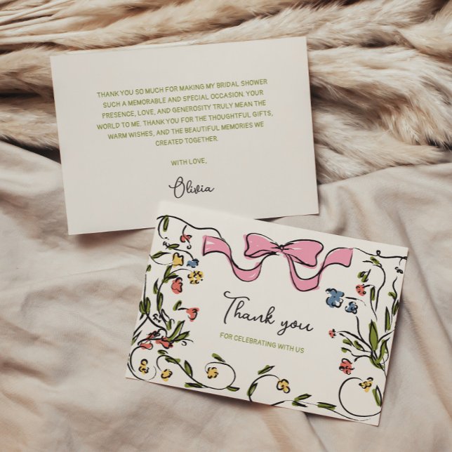 Hand Drawn Floral Bow Bridal Shower Thank You Card (Creator Uploaded)
