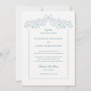 Hand Drawn Floral Bow Frame Dusty Blue Wedding Invitation