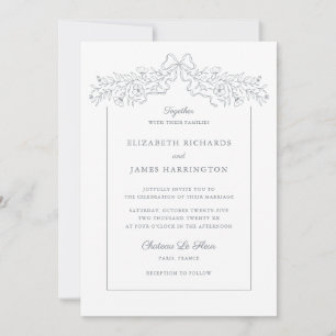 Hand Drawn Floral Bow Frame Grey Wedding Invitation