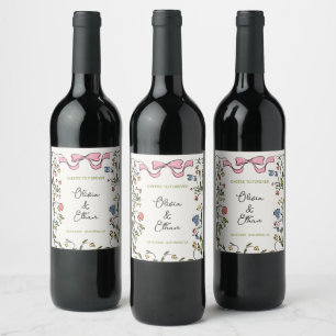 Hand Drawn Floral Bow Wedding Wine Label