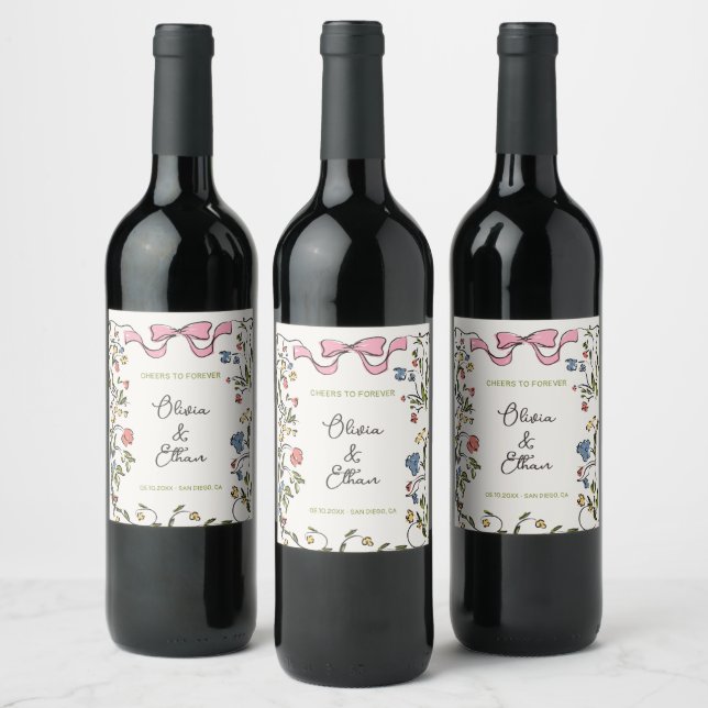 Hand Drawn Floral Bow Wedding Wine Label (Bottles)