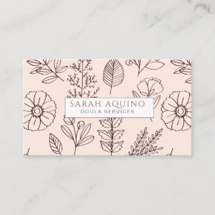 Hand Drawn Floral Doodle Doula Birth Services Pink Business Card