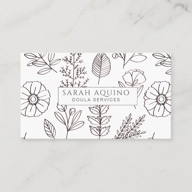 Hand Drawn Floral Doula White Birth Coach B Business Card (Front)