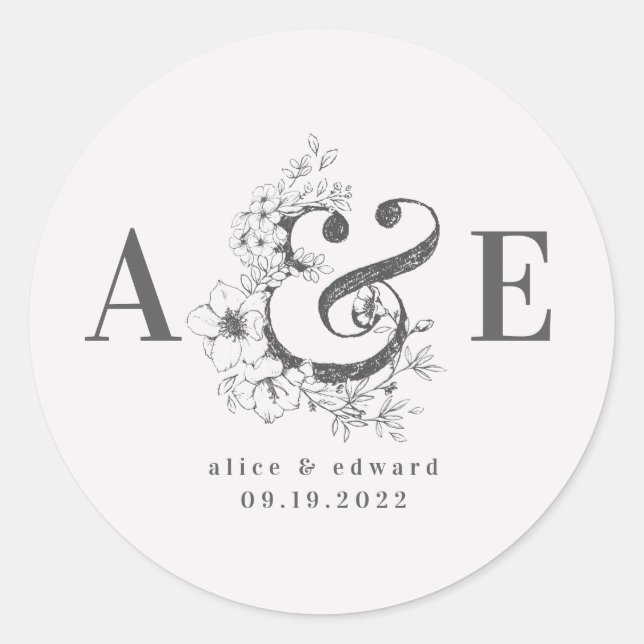 Hand drawn floral elegant wedding classic round sticker (Front)