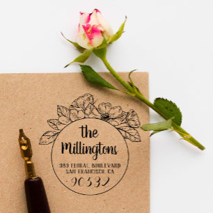 Hand-drawn Floral Family Name & Return Address Rubber Stamp