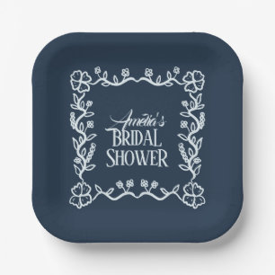 Hand Drawn Floral Frame Blue Bridal Shower Paper Plate