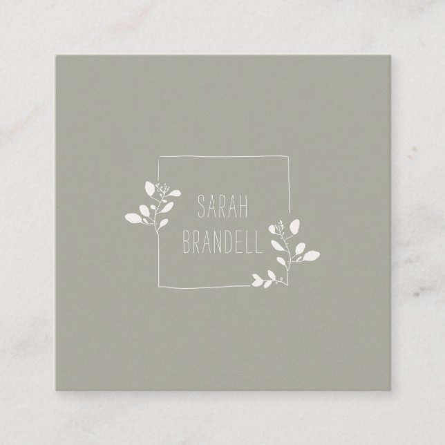 Hand-drawn Floral Frame in Sage & White Square Business Card (Front)