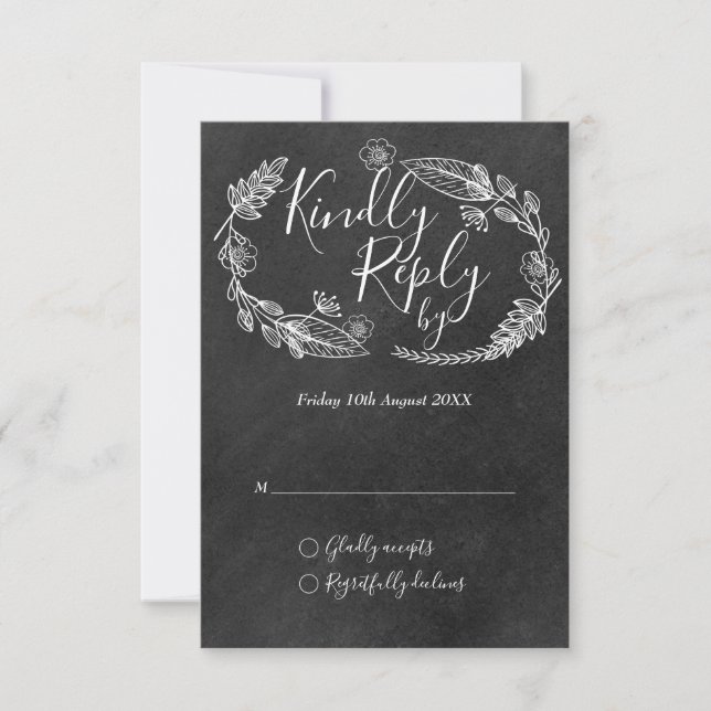 Hand-drawn Floral Garland Script Chalkboard RSVP Card (Front)