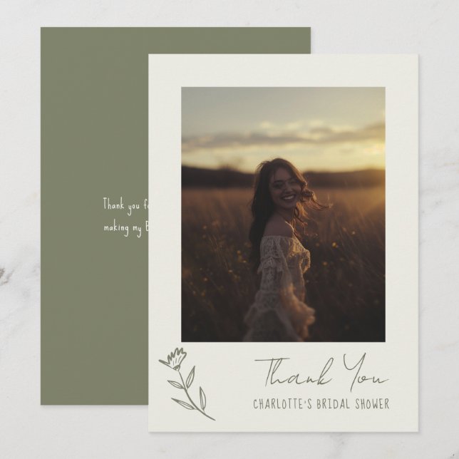 Hand Drawn Floral Green Whimsical Bridal Shower Thank You Card (Front/Back)