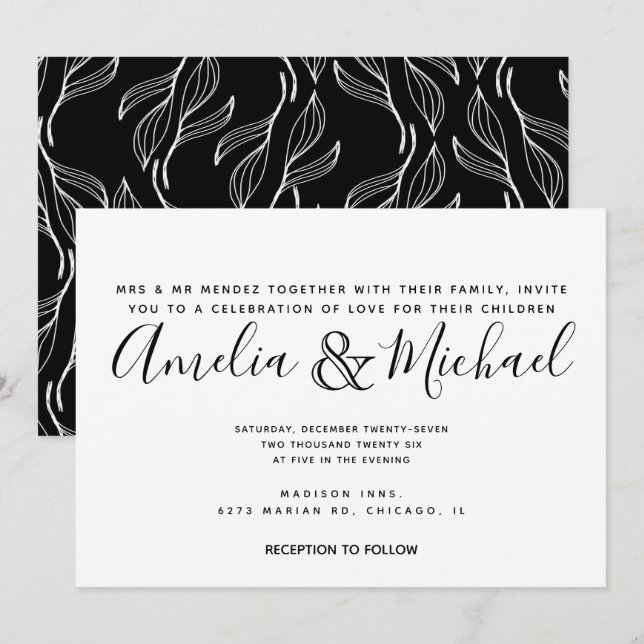 Hand Drawn Floral Greenery White Leaf Wedding Invitation (Front/Back)