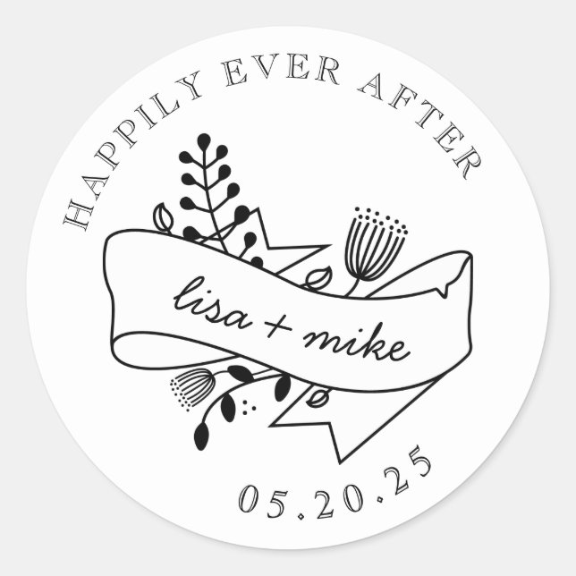 Hand Drawn Floral Happily Ever After Wedding Classic Round Sticker (Front)