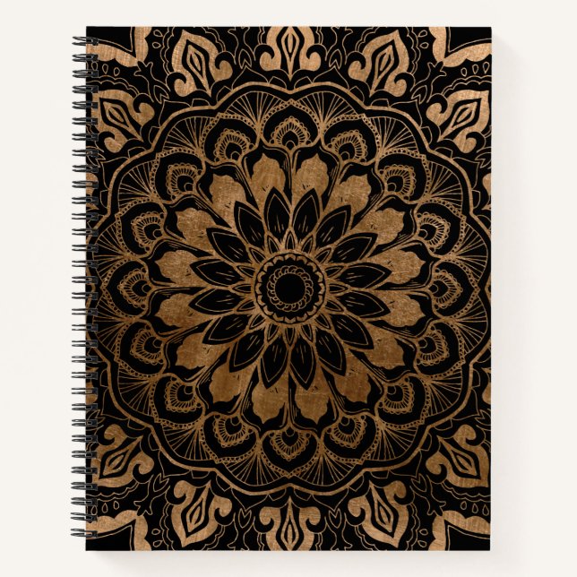 Hand Drawn Floral  Mandala Faux Gold on Black Notebook (Front)