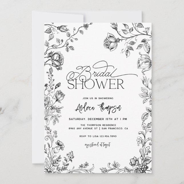 Hand Drawn Floral Modern Script Bridal Shower  Invitation (Front)