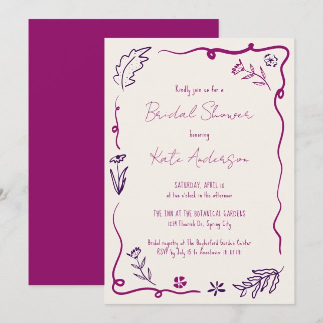 Hand Drawn Floral Scribble Frame Bridal Shower Invitation (Front/Back)