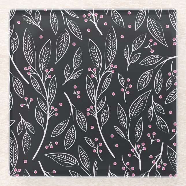 Hand Drawn Floral: Seamless Design Glass Coaster (Front)