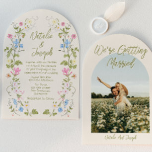 Hand Drawn Floral Summer Arched Photo Wedding Invitation