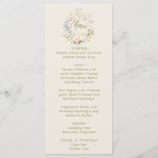 Hand Drawn Floral Summer Wedding Menu  (Front)