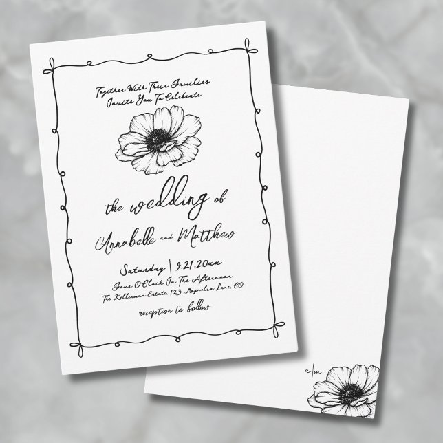 Hand Drawn Floral Wedding Invitation (Hand Drawn Flower Whimsical Wedding Invitation)