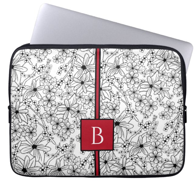 Hand Drawn Floral White Black Pattern and Monogram Laptop Sleeve (Front)
