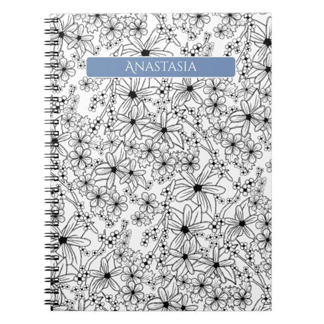 Hand Drawn Floral White Black Pattern & Blue Name Notebook (Front)