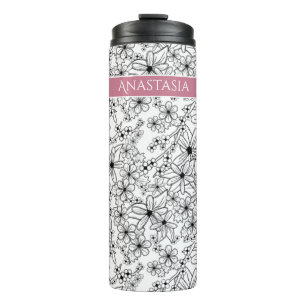 Hand Drawn Floral White Black Pattern & Pink Name Thermal Tumbler