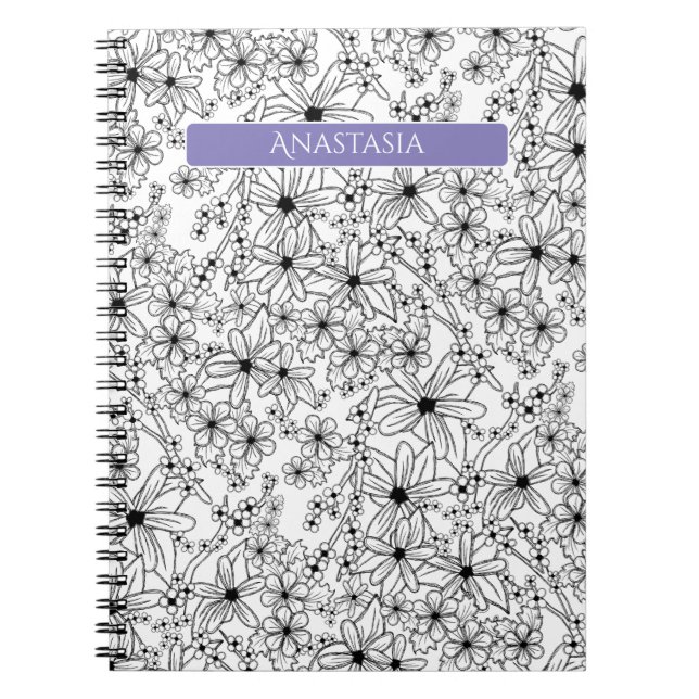 Hand Drawn Floral White Black Pattern Purple Name Notebook (Front)