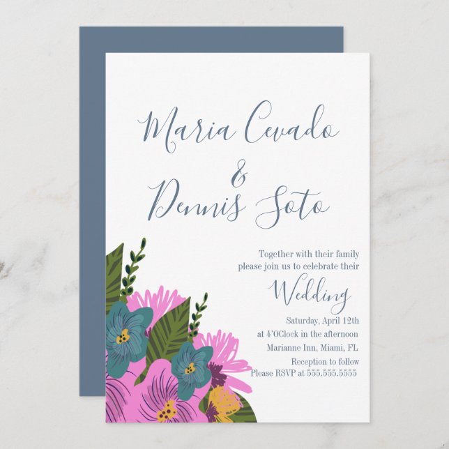 Hand  Drawn Florals Wedding Bold Colour Invitation (Front/Back)