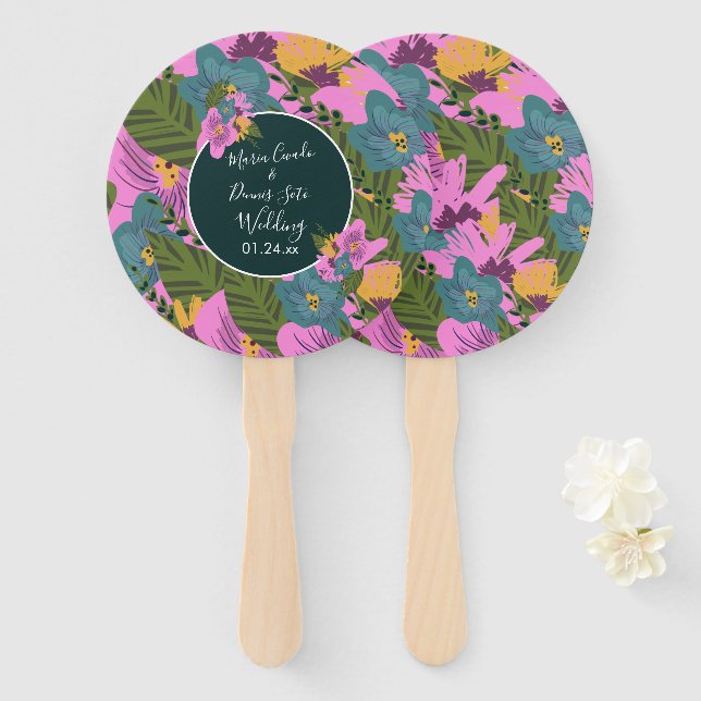 Hand  Drawn Florals Wedding Bold Pink Greenery    Hand Fan (Front and Back)