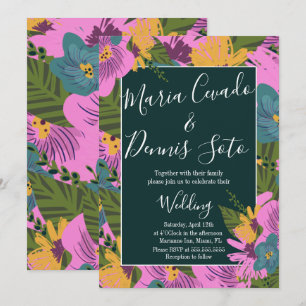 Hand Drawn Florals Wedding Bold Pink Greenery Invitation