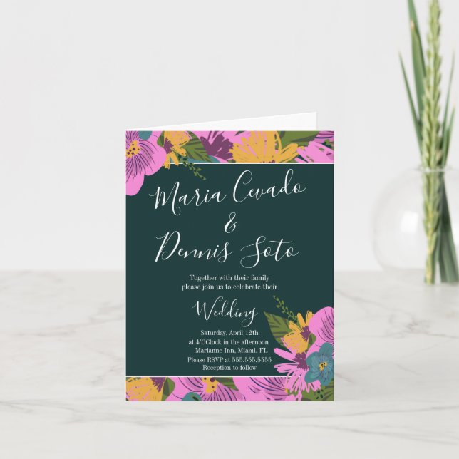 Hand  Drawn Florals Wedding Bold Pink Greenery  Note Card (Front)