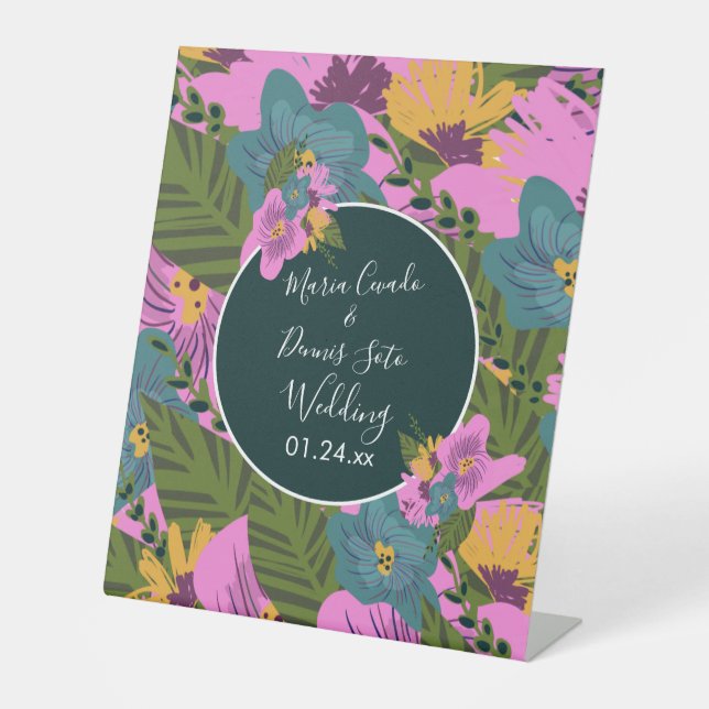 Hand  Drawn Florals Wedding Bold Pink Greenery   Pedestal Sign (Front)