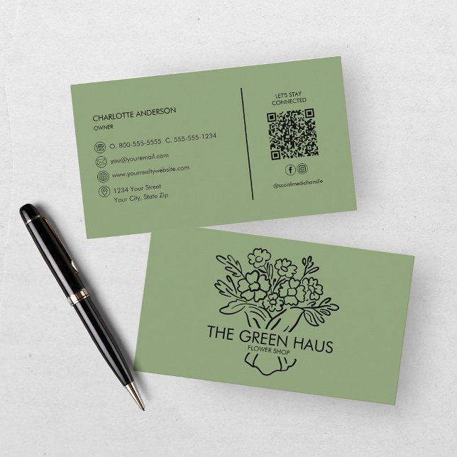 Hand Drawn Florist Green Botanical QR Code Business Card (Creator Uploaded)