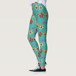 Hand Drawn Flower Art on Turquoise Leggings