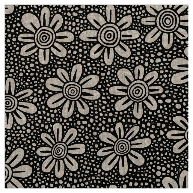 Hand Drawn Flower Pattern 140617 - Black Fabric (Swatch)