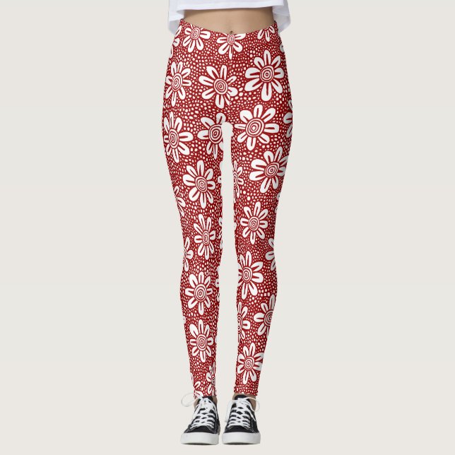 Hand Drawn Flower Pattern 140617 - Ruby Red Leggings (Front)