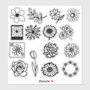 Hand Drawn Flower Stickers   Black and White