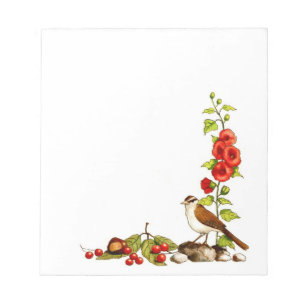 Hand Drawn Flowers, Bird, Berries: Nature Border Notepad
