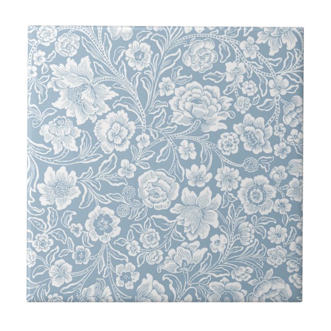 Hand-drawn Flowers,Blue Grey White Botanical Art Tile (Front)