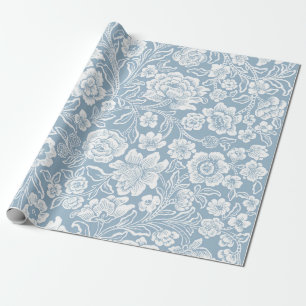 Hand-drawn Flowers,Blue Grey White Botanical Art Wrapping Paper